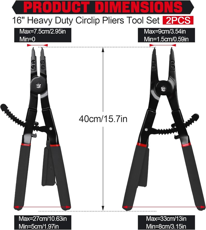 Inchoco Snap Ring Pliers Set Heavy Duty - 2 PCS Large Heavy Duty Snap Ring Circlip Pliers ，16" Internal External Circlip Pliers Set with 45° 90° Tips - Image 4